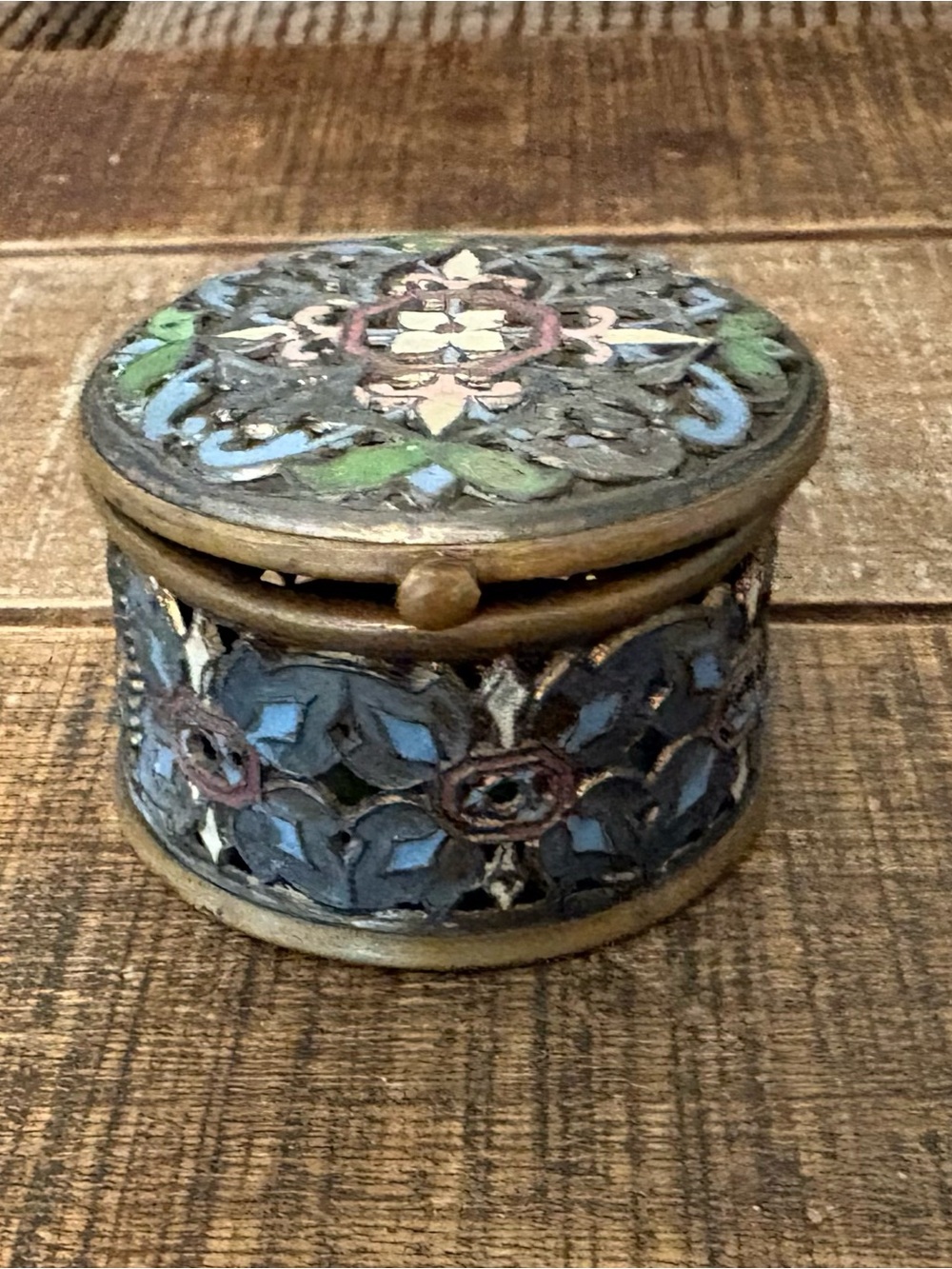 Vintage Small Decorative Mulitcolor Enamel Floral Brass Trinket Box